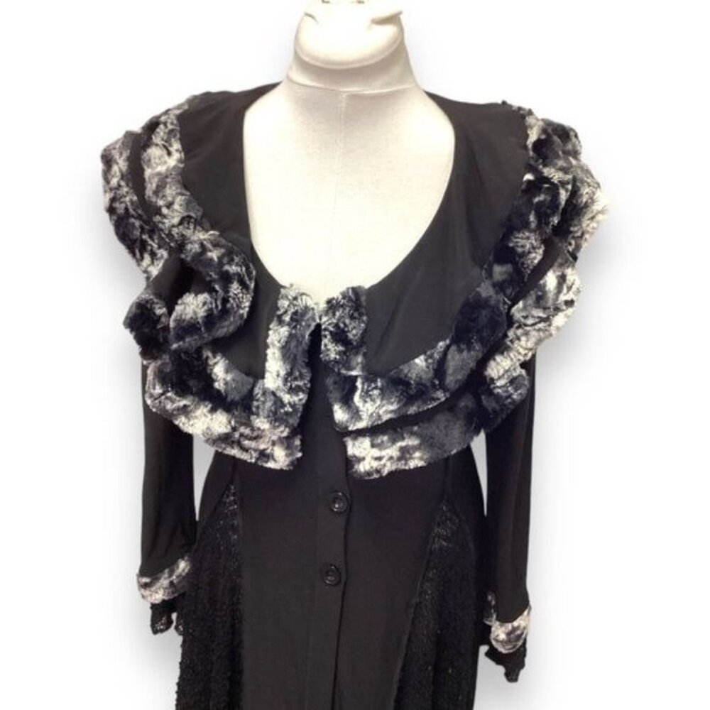 Joseph Ribkoff Women's Faux Fur Trim Duster Cardigan Glamcore Witchy Gothic 8 - Picture 3 of 9